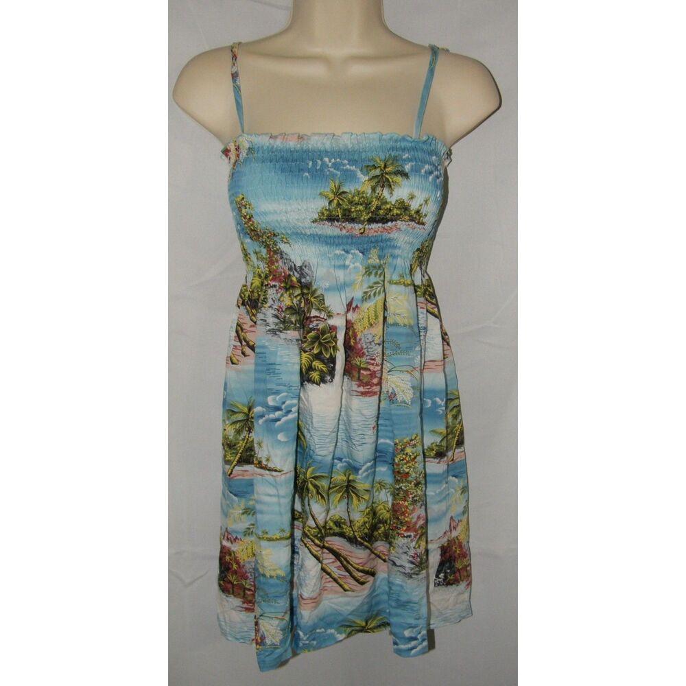 NEW Girls Sz 12 Tropical Hawaiian Smocked Shoulder Tie Knee Length Sundress RJC